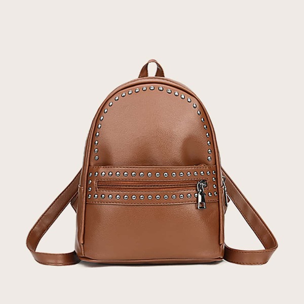 

Studded Decor Zip Front Backpack, Brown