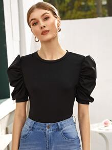 SHEIN Privé Solid Puff Sleeve Fitted Tee - Black - View 1