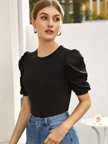 SHEIN Privé Solid Puff Sleeve Fitted Tee - Black - View 3