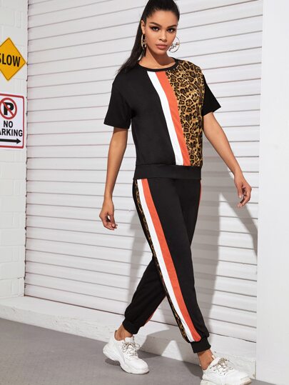 Leopard Panel Colo-Block Tee & Sweatpants