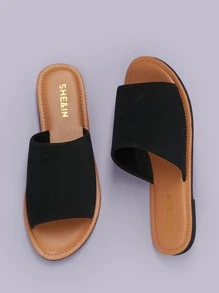 Open Toe Wide Band Flat Slide Sandals - Black - View 3
