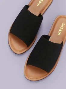 Open Toe Wide Band Flat Slide Sandals - Black - View 4
