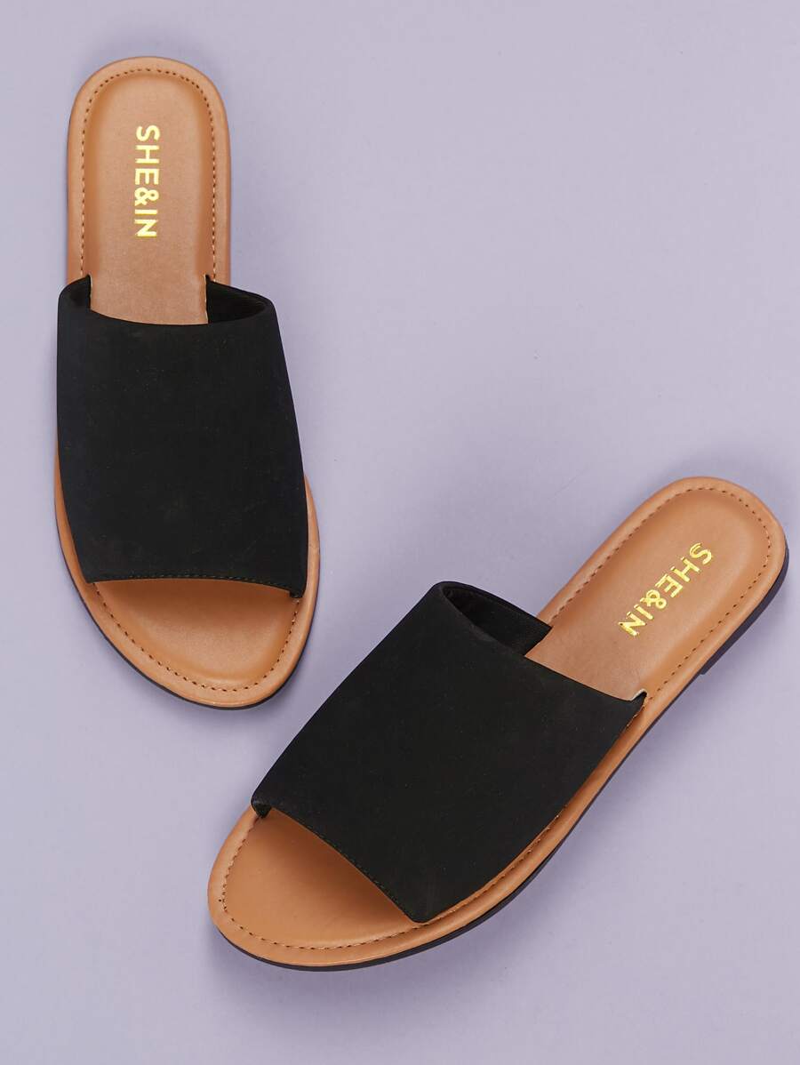 Open Toe Wide Band Flat Slide Sandals - Black - View 1
