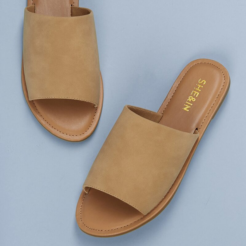 

Open Toe Wide Band Flat Slide Sandals, Camel