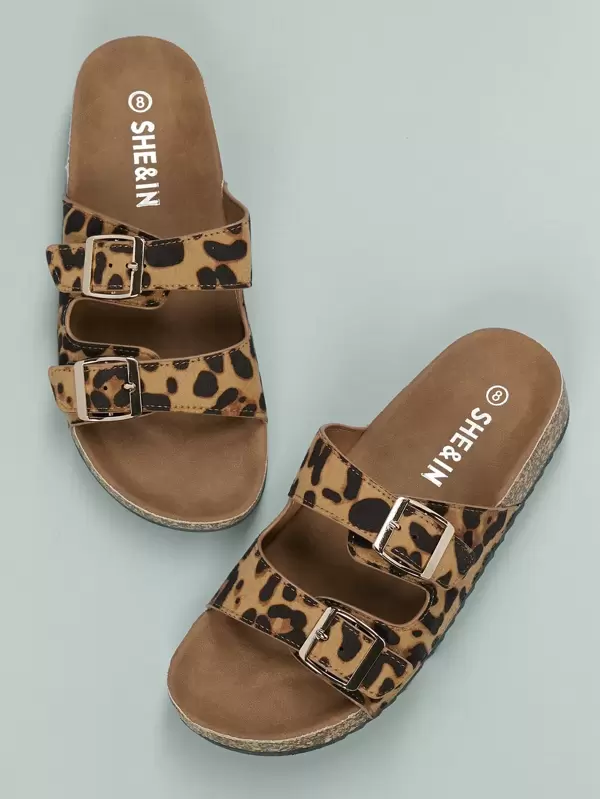 Twin Buckles Cork Footbed Leopard Slides