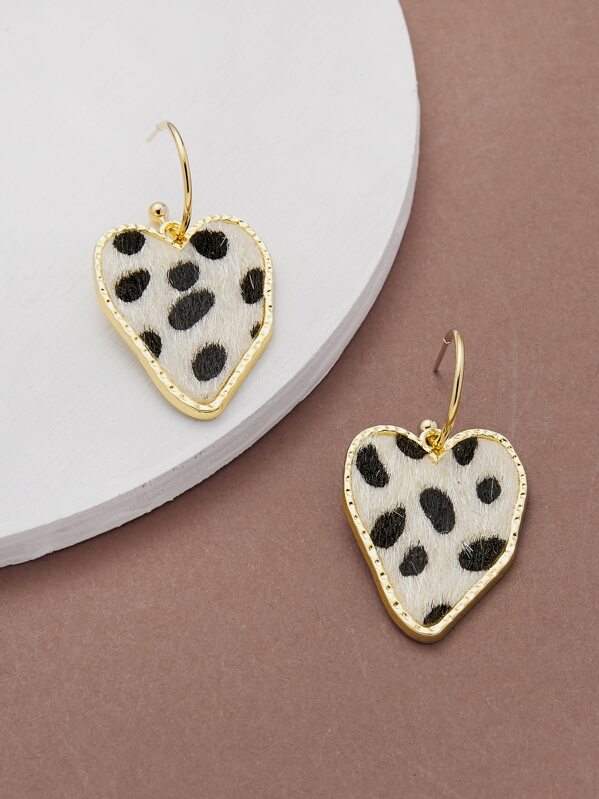 

1pair Calf Hair Dalmatian Print Heart Earrings, Multicolor
