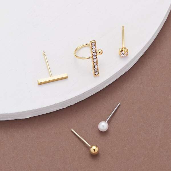 

Set Of Five Stud And Rhinestone Bar Earrings, Gold