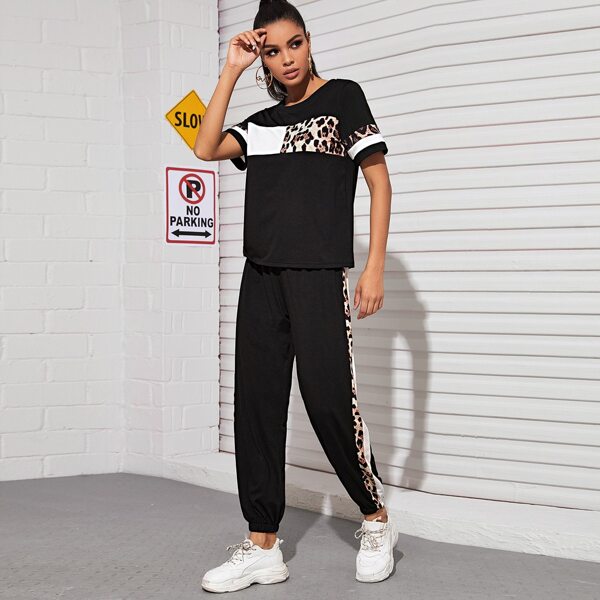 

Leopard Panel Colo-Block Tee & Sweatpants, Black