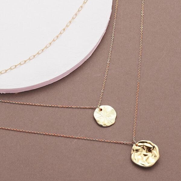 

Double Hammered Disc Pendant Layered Necklace, Gold