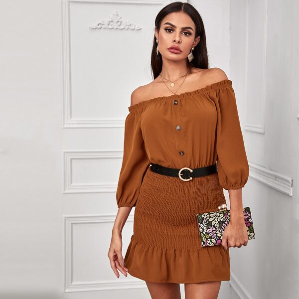 

Off Shoulder Shirred Ruffle Hem Dress Without Belt, Camel