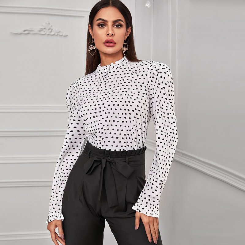 

Puff Sleeve Polka Dot Blouse, Black and white