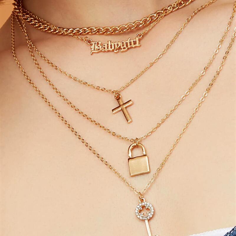 

1pc Cross & Lock Charm Layered Necklace, Gold
