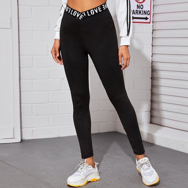 

Letter Graphic Elastic Waist Leggings, Black