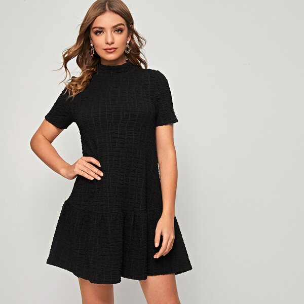 

Solid Textured Mock Neck Babydoll Dress, Black
