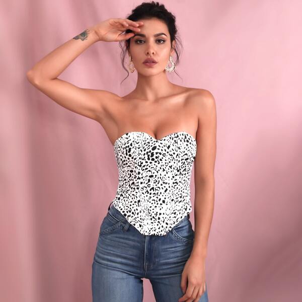 

Sweetheart Asymmetrical Hem Leopard Tube Top, Black and white