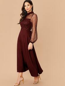 Modelyn 亮片細節網紗上身燈籠袖後繫帶連衣裙 - 酒紅色 - 查看 3