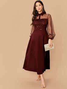 Modelyn 亮片細節網紗上身燈籠袖後繫帶連衣裙 - 酒紅色 - 查看 5