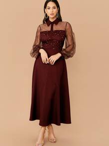 Modelyn 亮片細節網紗上身燈籠袖後繫帶連衣裙 - 酒紅色 - 查看 1