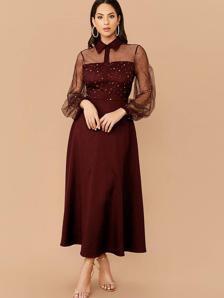 Modelyn 亮片細節網紗上身燈籠袖後繫帶連衣裙 - 酒紅色 - 查看 1