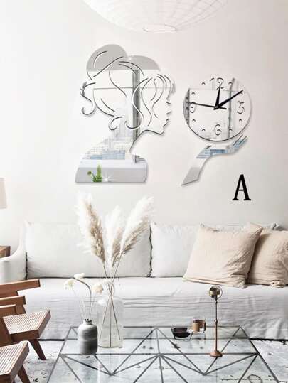 1pc Girl Shaped Mirror Surface Wall Clock