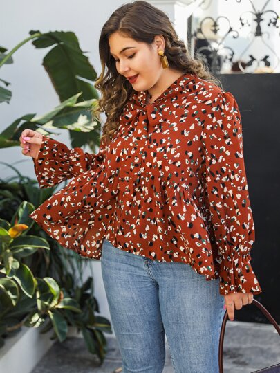 Plus Allover Print Tie Neck Babydoll Blouse