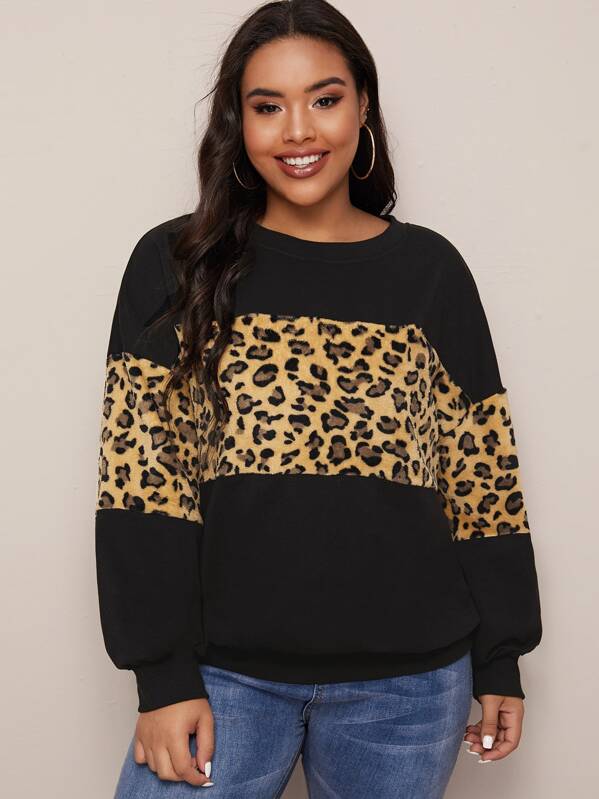 

Plus Drop Shoulder Contrast Leopard Flannel Pullover, Black, Emilie