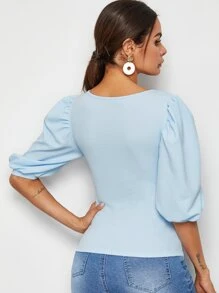 SHEIN Privé Square Neck Puff Sleeve Top - Baby Blue - View 2
