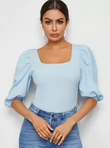 SHEIN Privé Square Neck Puff Sleeve Top - Baby Blue - View 1