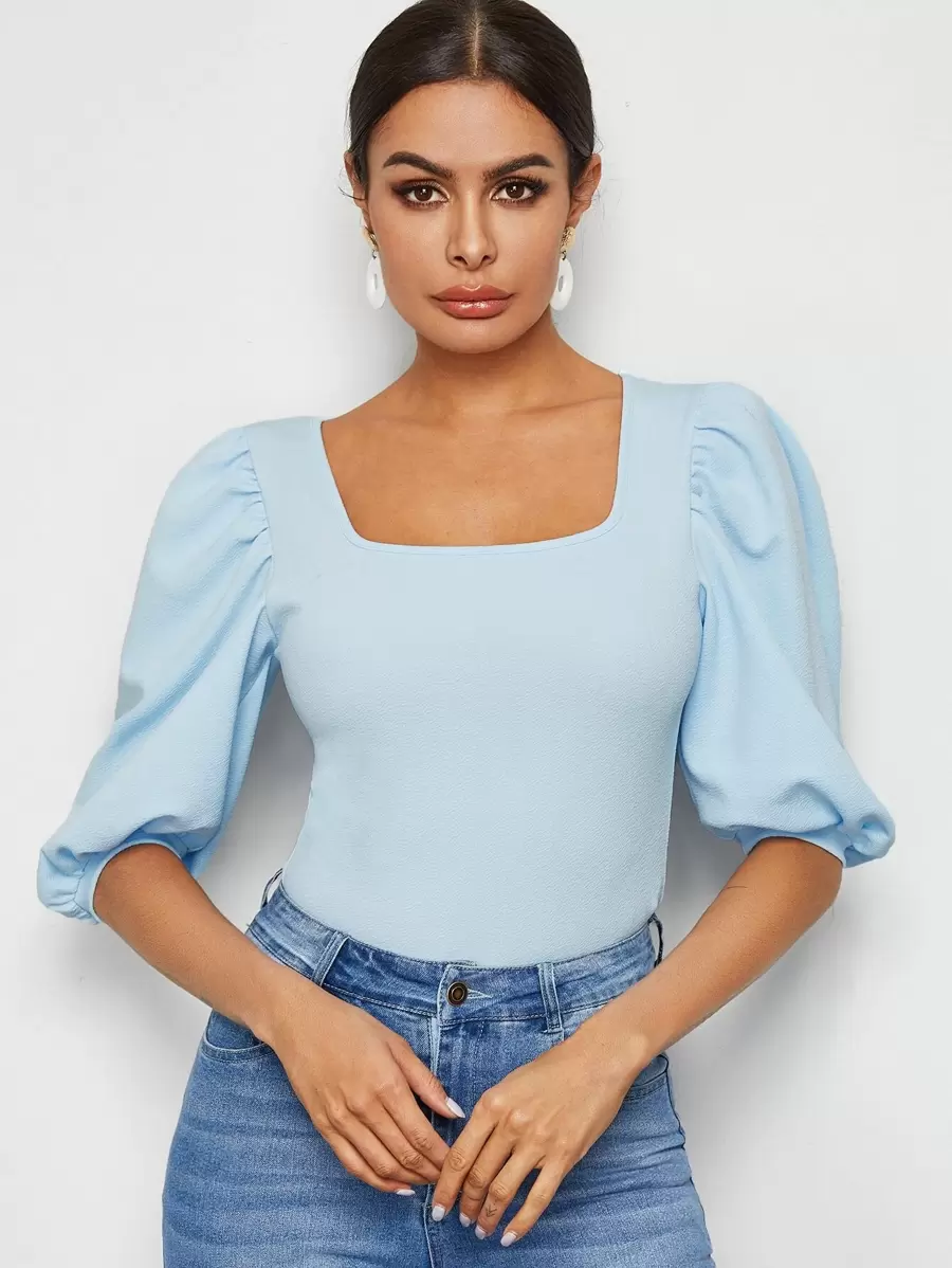 SHEIN Privé Square Neck Puff Sleeve Top - Baby Blue - View 1