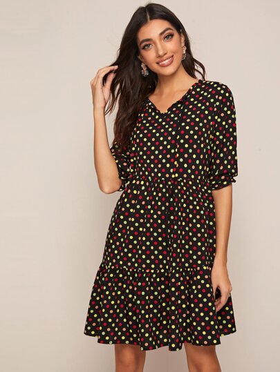 Polka Dot Tie Neck Babydoll Dress