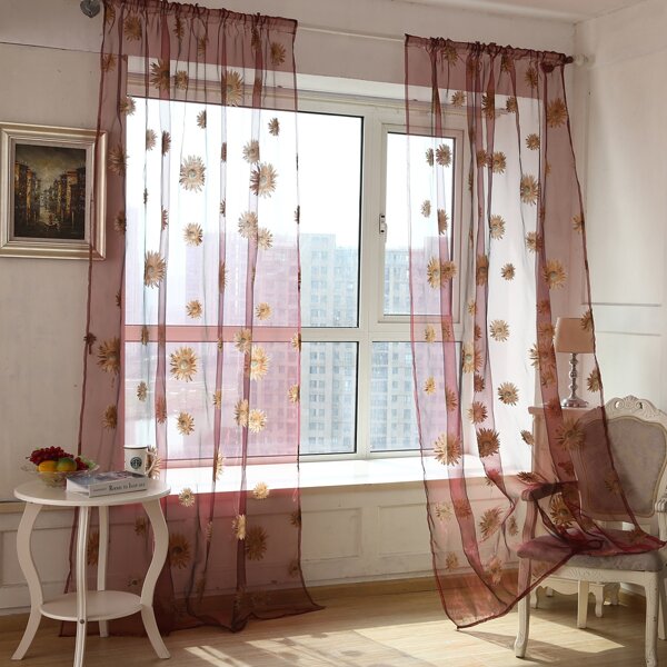 

1pc Flower Print Sheer Curtain, Purple