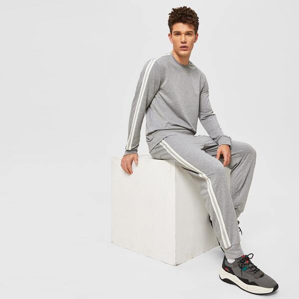 

Men Side Striped Sleeve Pullover & Sweatpants Set, Grey