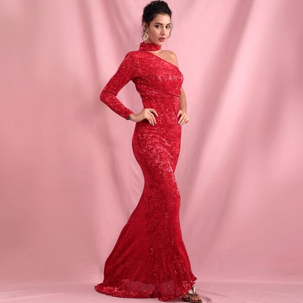 

One Shoulder Sequin Fishtail Prom Dress, Red bright