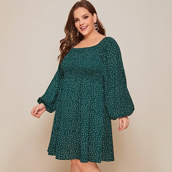 

Plus Polka Dot Lantern Sleeve A-line Dress, Dark green