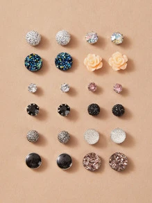 Pendientes grabados con diamante de imitación con flor 12 pares