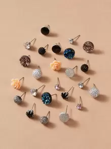 Pendientes grabados con diamante de imitación con flor 12 pares