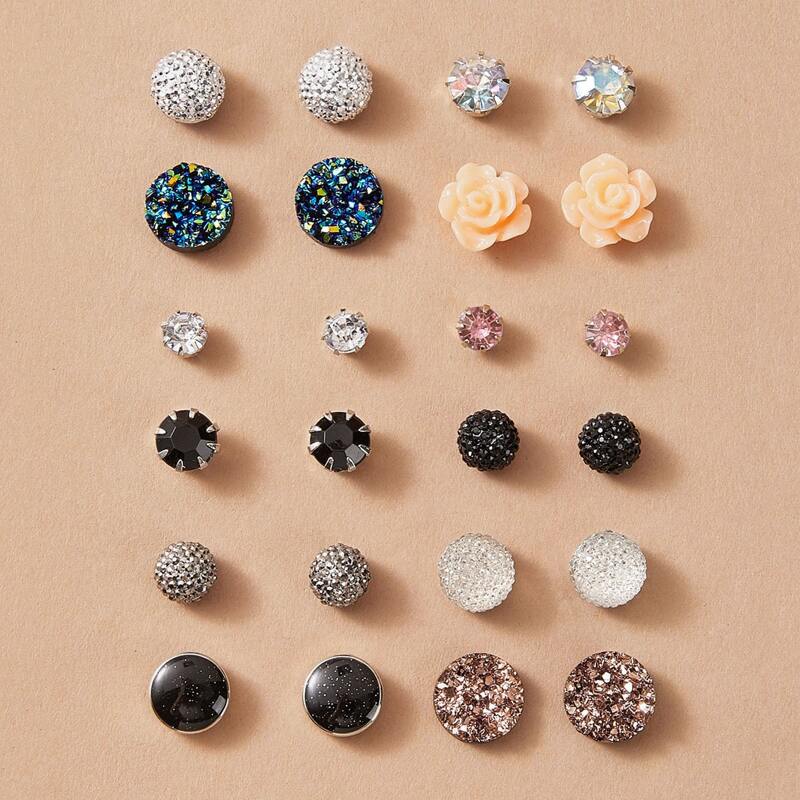 

12pairs Flower & Rhinestone Decor Earrings, Multicolor