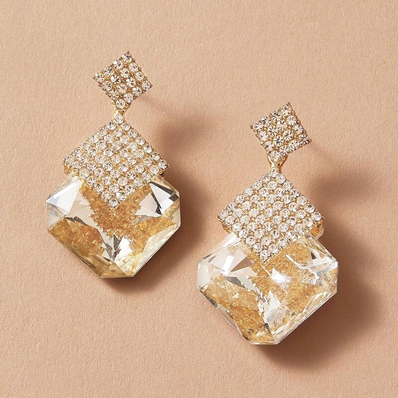 

1pair Rhinestone Engraved Geometric Drop Earrings, Multicolor