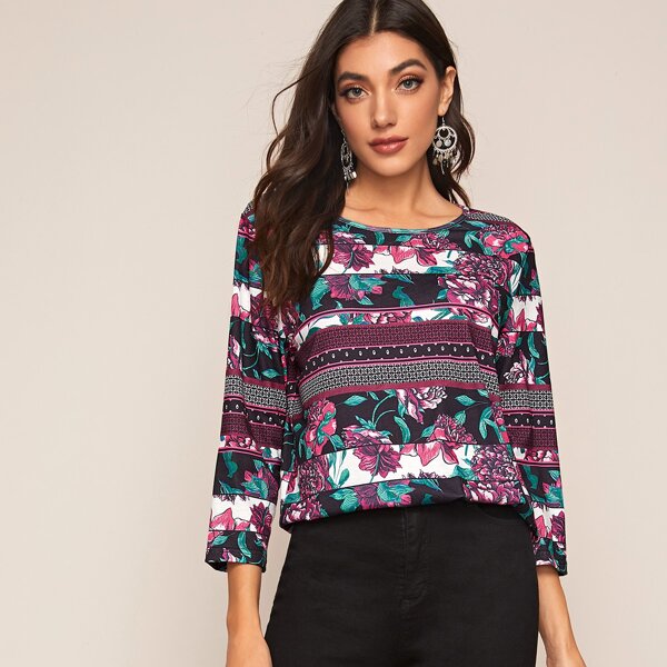 

Floral & Aztec Print Tee, Multicolor