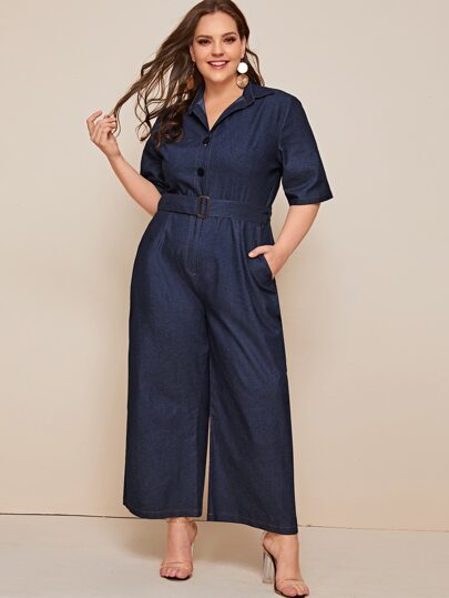Plus Button Front Belted Denim Overalls