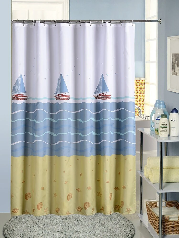 Sailboat Print Waterproof Shower Curtain With 12pcs Hook Shein Usa