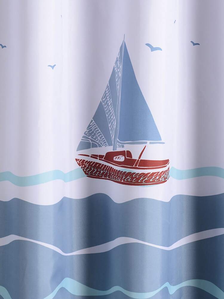 Sailboat Print Waterproof Shower Curtain With 12pcs Hook Shein Usa
