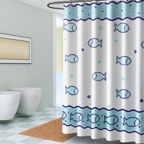 

1pc Fish & Conch Print Waterproof Shower Curtain, Blue