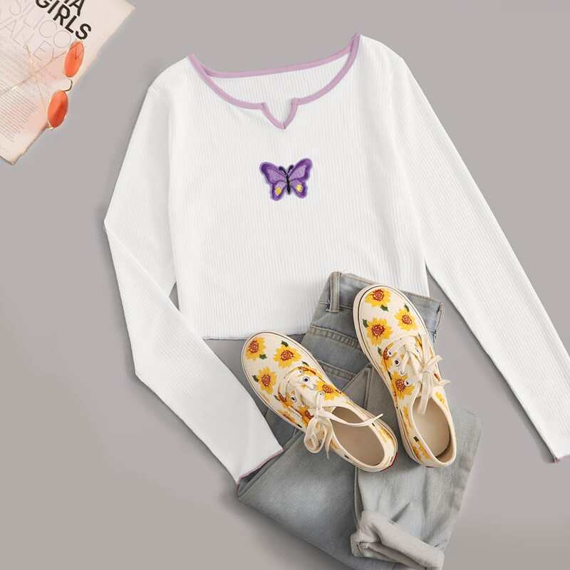 

Butterfly Embroidery Ribbed White Tee