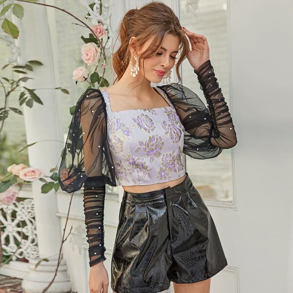 

Pearl Beaded Mesh Sleeve Floral Jacquard Top, Multicolor