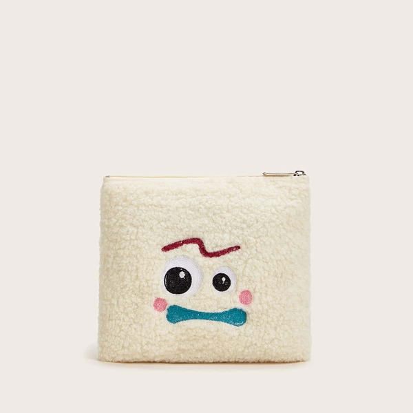 

Embroidered Cartoon Fluffy Wallet, Beige