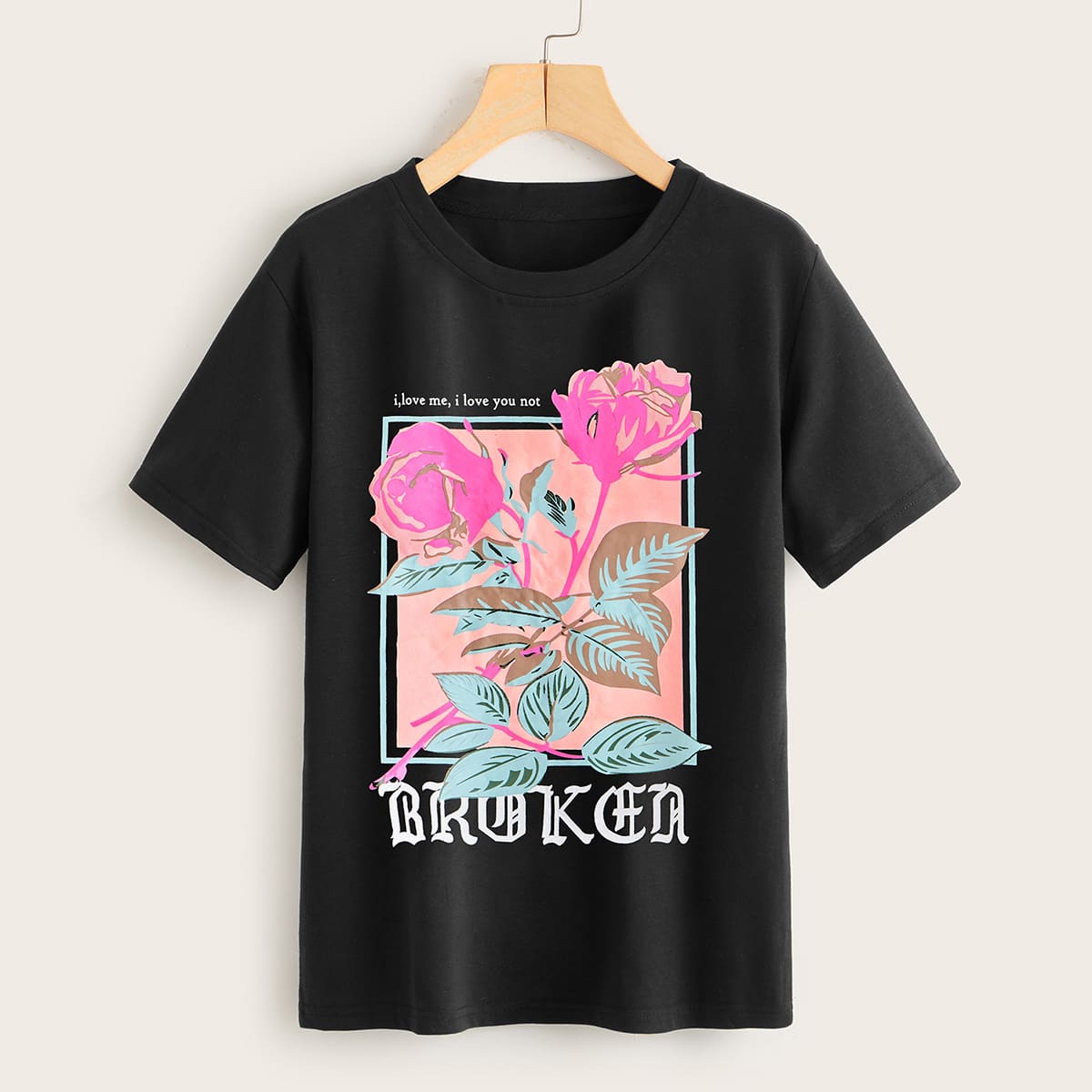 

Rose And Slogan Graphic Tee, Black