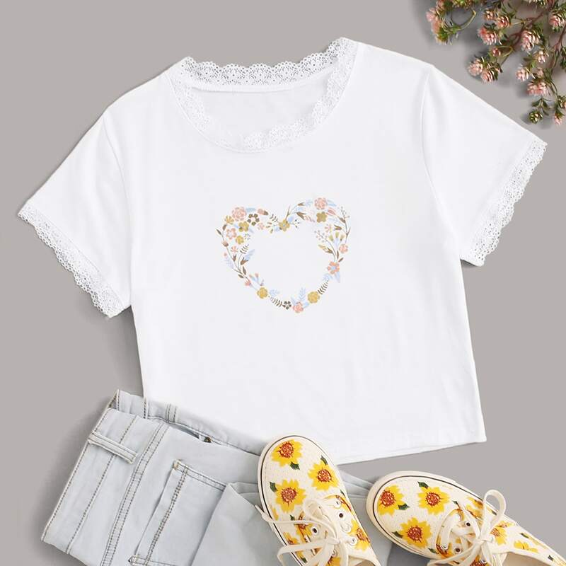 

Contrast Lace Plants Print Tee, White
