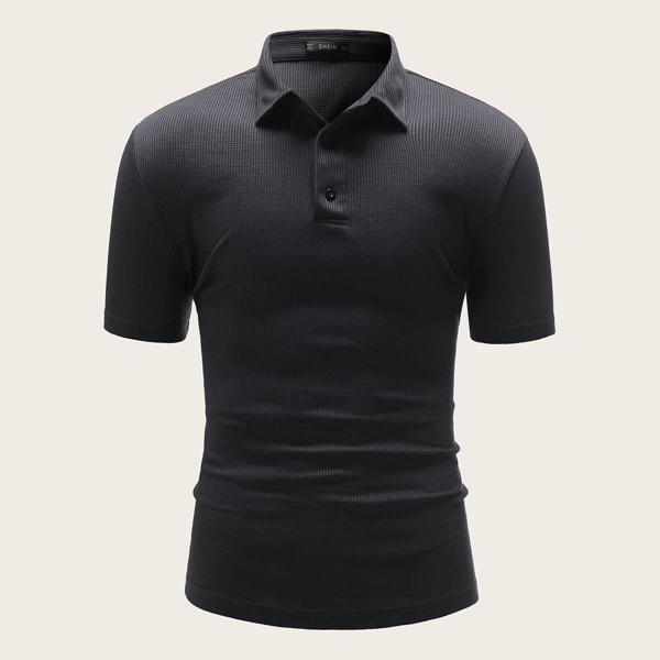 

Men Waffle Knit Polo Shirt, Black