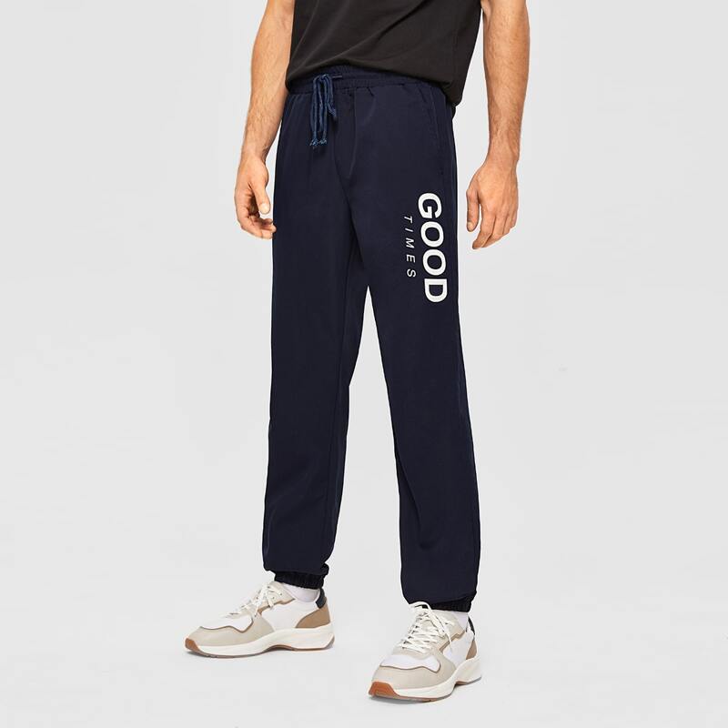 

Guys Drawstring Waist Slogan Graphic Sweatpants, Navy